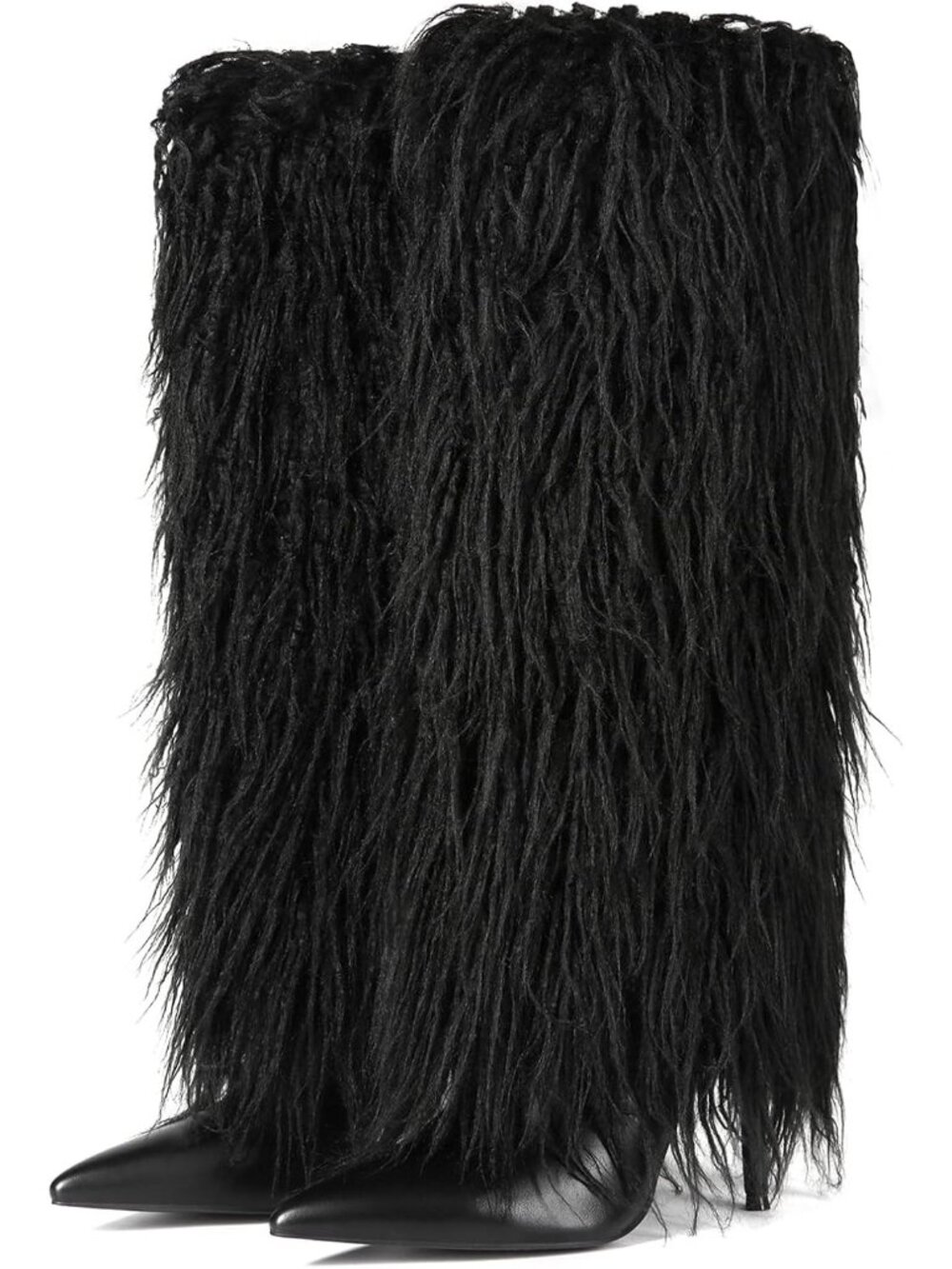 Women’s Black Faux Fur Knee High Boots Stiletto Heel Pointed Toe Fringe Party